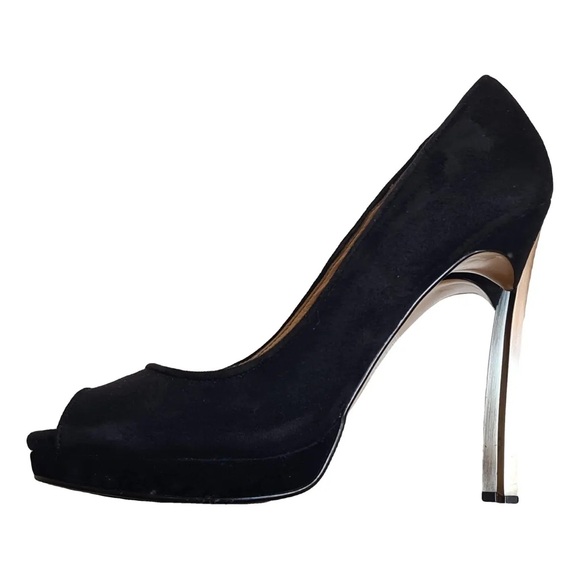 Nine West Leather Suede Open Peep Toe Heels w/ metal heel - Picture 2 of 11